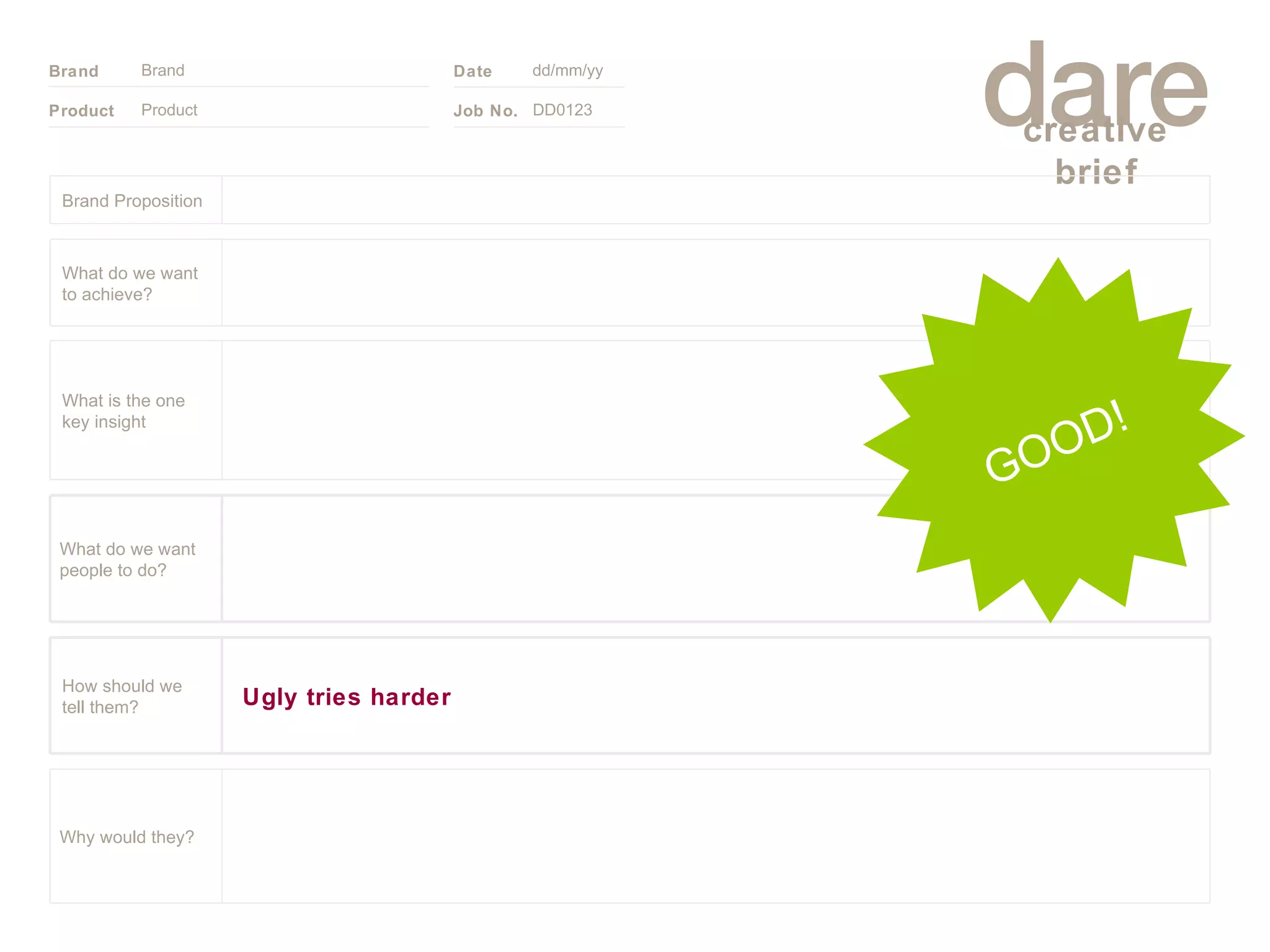 Product Brand dd/mm/yy DD0123 GOOD! Brand Proposition Why would they? What do we want people to do? Ugly tries harder How should we tell them? What is the one key insight What do we want to achieve? 