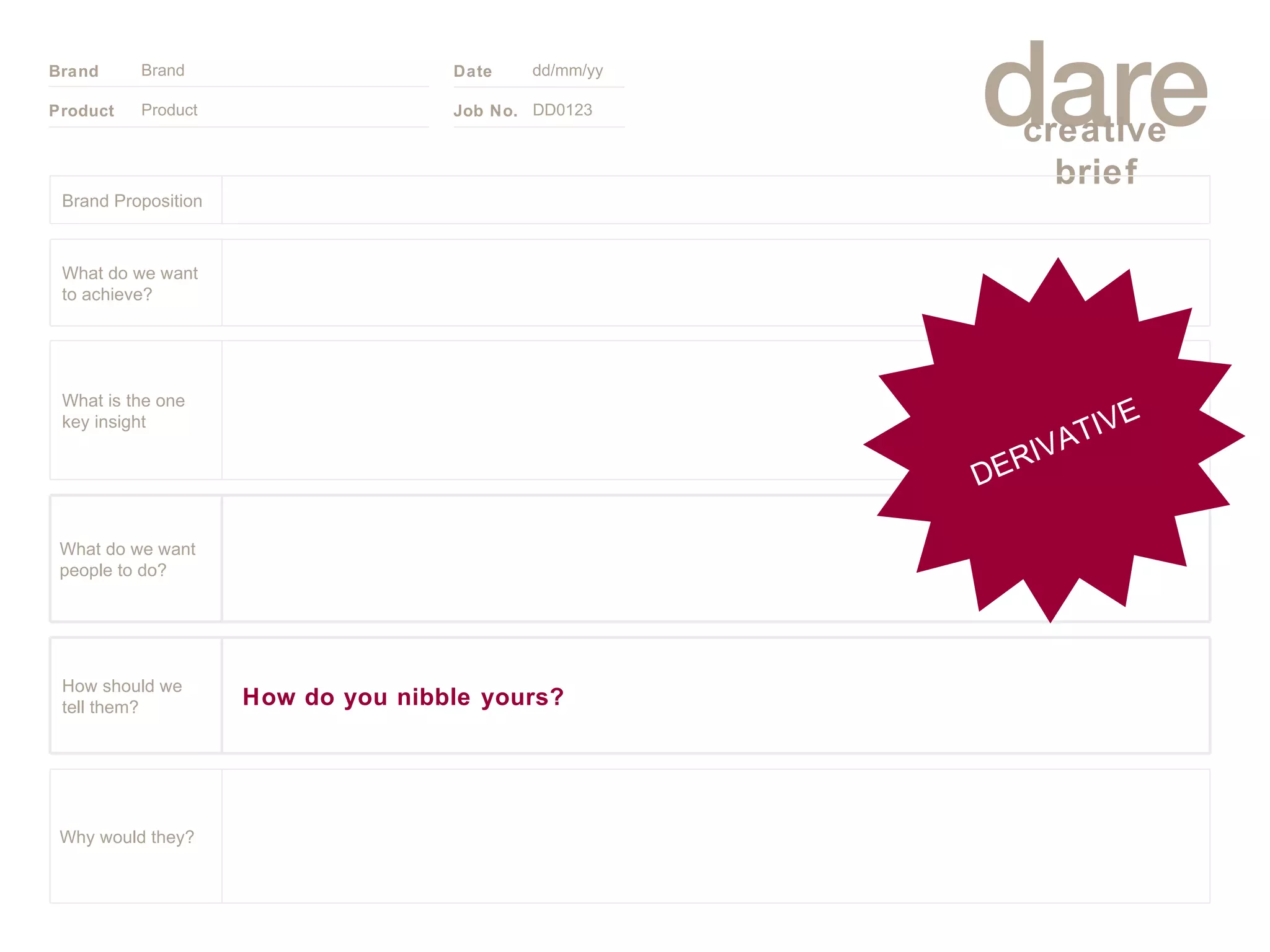 Product Brand dd/mm/yy DD0123 DERIVATIVE Brand Proposition Why would they? What do we want people to do? How do you nibble yours? How should we tell them? What is the one key insight What do we want to achieve? 