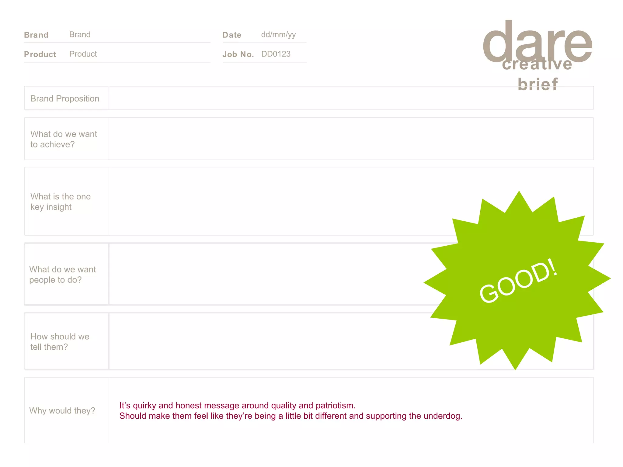 Product Brand dd/mm/yy DD0123 GOOD! Brand Proposition It’s quirky and honest message around quality and patriotism. Should make them feel like they’re being a little bit different and supporting the underdog. Why would they? What do we want people to do? How should we tell them? What is the one key insight What do we want to achieve? 