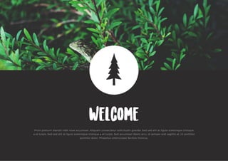 Welcome
Proin pretium blandit nibh vitae accumsan. Aliquam consectetur sollicitudin gravida. Sed sed elit at ligula scelerisque tristique
a et turpis. Sed sed elit at ligula scelerisque tristique a et turpis. Sed accumsan libero arcu, id semper erat sagittis at. Ut porttitor
porttitor dolor. Phasellus ullamcorper facilisis rhoncus.
02
 
