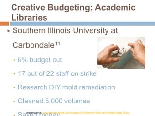 Creative Budgeting: Academic
Libraries
 Southern Illinois University at
Carbondale11
•

6% budget cut

•

17 out of 22 staff on strike

•

Research DIY mold remediation

•

Cleaned 5,000 volumes
Image source: http://www.wikihow.com/images/4/42/Remove-Mold-and-Mildew-Step-13.jpg

 