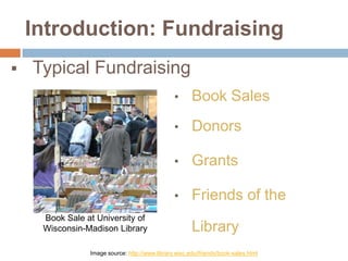 Introduction: Fundraising


Typical Fundraising
•
•

Donors

•

Grants

•
Book Sale at University of
Wisconsin-Madison Library

Book Sales

Friends of the

Library

Image source: http://www.library.wisc.edu/friends/book-sales.html

 