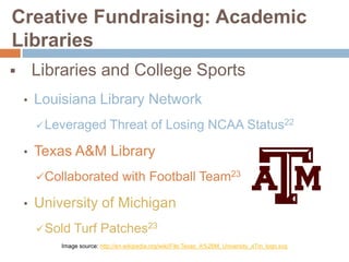 Creative Fundraising: Academic
Libraries
Libraries and College Sports


•

Louisiana Library Network
 Leveraged

•

Threat of Losing NCAA Status22

Texas A&M Library
 Collaborated

•

with Football Team23

University of Michigan
 Sold

Turf Patches23

Image source: http://en.wikipedia.org/wiki/File:Texas_A%26M_University_aTm_logo.svg

 