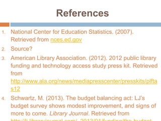 References
1.

National Center for Education Statistics. (2007).
Retrieved from nces.ed.gov

2.

Source?

3.

American Library Association. (2012). 2012 public library
funding and technology access study press kit. Retrieved
from
http://www.ala.org/news/mediapresscenter/presskits/plfta
s12

4.

Schwartz, M. (2013). The budget balancing act: LJ’s
budget survey shows modest improvement, and signs of
more to come. Library Journal. Retrieved from

 
