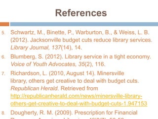 References
5.

Schwartz, M., Binette, P., Warburton, B., & Weiss, L. B.
(2012). Jacksonville budget cuts reduce library services.
Library Journal, 137(14), 14.

6.

Blumberg, S. (2012). Library service in a tight economy.
Voice of Youth Advocates, 35(2), 116.

7.

Richardson, L. (2010, August 14). Minersville
library, others get creative to deal with budget cuts.
Republican Herald. Retrieved from
http://republicanherald.com/news/minersville-libraryothers-get-creative-to-deal-with-budget-cuts-1.947153

8.

Dougherty, R. M. (2009). Prescription for Financial

 
