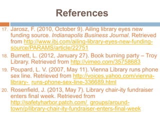 References
17.

18.
19.

20.

Jarosz, F. (2010, October 9). Ailing library eyes new
funding source. Indianapolis Business Journal. Retrieved
from http://www.ibj.com/ailing-library-eyes-new-fundingsource/PARAMS/article/22751
Burnett, L. (2012, January 27). Book burning party – Troy
Library. Retrieved from http://vimeo.com/35758683
Poupard, L. V. (2007, May 11). Vienna Library runs phone
sex line. Retrieved from http://voices.yahoo.com/viennalibrary- runs-phone-sex-line-336689.html
Rosenfield, J. (2013, May 7). Library chair-ity fundraiser
enters final week. Retrieved from
http://safetyharbor.patch.com/ groups/aroundtown/p/library-chair-ity-fundraiser-enters-final-week

 
