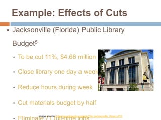 Example: Effects of Cuts


Jacksonville (Florida) Public Library

Budget5
•

To be cut 11%, $4.66 million

•

Close library one day a week

•

Reduce hours during week

•

Cut materials budget by half
Image source: http://en.wikipedia.org/wiki/File:Jacksonville_library.JPG

 