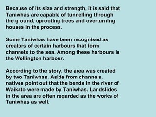 Because of its size and strength, it is said that Taniwhas are capable of tunnelling through the ground, uprooting trees and overturning houses in the process.  Some Taniwhas have been recognised as creators of certain harbours that form channels to the sea. Among these harbours is the Wellington harbour.  According to the story, the area was created by two Taniwhas. Aside from channels, natives point out that the bends in the river of Waikato were made by Taniwhas. Landslides in the area are often regarded as the works of Taniwhas as well.   