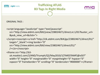Trafficking ATLAS
                        B3 Tags In Right Media


ORIGINAL TAGS :

<script language="JavaScript" type="text/javascript"
   src=/slideshow/creative-chase-busting-v2/16836293/"http:/view.atdmt.com/BJK/jview/238024671/direct;vt.1/01?buster_url=
   &pub_view_url=&click=">
</script><noscript><a href="http://clk.atdmt.com/BJK/go/238024671/direct/01/"
   target="_blank"><img border="0"
   src="http://view.atdmt.com/BJK/view/238024671/direct/01/"
   /></a></noscript>
<iframe src="http://b3-
   uk.mookie1.com/2/AND/Triumph/Q2/May2010/1[TIMESTAMP]@x50?"
   width="0" height="0" marginwidth="0" marginheight="0" hspace="0"
   vspace="0" frameborder="0" scrolling="0" bordercolor="#000000"></iframe>
 