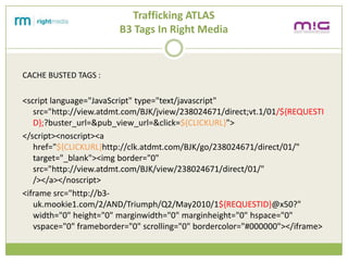 Trafficking ATLAS
                        B3 Tags In Right Media


CACHE BUSTED TAGS :

<script language="JavaScript" type="text/javascript"
   src=/slideshow/creative-chase-busting-v2/16836293/"http:/view.atdmt.com/BJK/jview/238024671/direct;vt.1/01/${REQUESTI
   D};?buster_url=&pub_view_url=&click=${CLICKURL}">
</script><noscript><a
   href="${CLICKURL}http://clk.atdmt.com/BJK/go/238024671/direct/01/"
   target="_blank"><img border="0"
   src="http://view.atdmt.com/BJK/view/238024671/direct/01/"
   /></a></noscript>
<iframe src="http://b3-
   uk.mookie1.com/2/AND/Triumph/Q2/May2010/1${REQUESTID}@x50?"
   width="0" height="0" marginwidth="0" marginheight="0" hspace="0"
   vspace="0" frameborder="0" scrolling="0" bordercolor="#000000"></iframe>
 