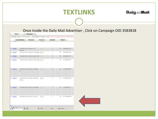 TEXTLINKS

Once Inside the Daily Mail Advertiser , Click on Campaign OID 3583818
 