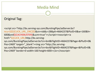 Media Mind

Original Tag:

<script src=/slideshow/creative-chase-busting-v2/16836293/"http:/bs.serving-sys.com/BurstingPipe/adServer.bs?
ncu=$$${CLICK_URL_ENC}$$&cn=rsb&c=28&pli=4664237&PluID=0&w=160&h=
600&ord${CACHEBUSTER}&ucm=true"></script><noscript><a
href="${CLICK_URL}http://bs.serving-
sys.com/BurstingPipe/adServer.bs?cn=brd&FlightID=4664237&Page=&PluID=0&
Pos=2469" target="_blank"><img src=/slideshow/creative-chase-busting-v2/16836293/"http:/bs.serving-
sys.com/BurstingPipe/adServer.bs?cn=bsr&FlightID=4664237&Page=&PluID=0&
Pos=2469" border=0 width=160 height=600></a></noscript>
 