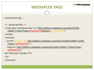 MEDIAPLEX TAGS

Cache Busted Tag :

<!-- JavaScript Only -->
<script type="text/javascript" src=/slideshow/creative-chase-busting-v2/16836293/"http:/altfarm.mediaplex.com/ad/js/14320-
    102847-17244-2?mpt=${REQUESTID}&mpvc=${CLICK_URL}">
</script>
<noscript>
 <a href="${CLICK_URL}http://altfarm.mediaplex.com/ad/nc/14320-102847-17244-
    2?mpt= ${REQUESTID} ">
   <img src="http://altfarm.mediaplex.com/ad/nb/14320-102847-17244-2?mpt=
    ${REQUESTID} "
alt="Click Here" border="0">
</a>
</noscript>
 