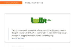 COMPET ING FUTURES THE SEL F AND THE WORLD 
16 
July 
2006 
h+p://paulstama3ou.com/odeo-­‐launches-­‐tw+r-­‐hellodeo/ 
 