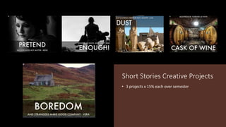 Short Stories Creative Projects
• 3 projects x 15% each over semester
 