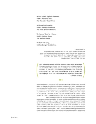 (( 175-174 ))
We Join Spokes Together in a Wheel,
But It is the Center Hole
That Makes the Wagon Move.
We Shape Clay into a Pot,
But It is the Emptiness Inside
That Holds Whatever We Want.
We Hammer Wood for a House,
But It is the Inner Space
That Makes It Livable.
We Work with Being,
But Non-Being is What We Use.
:‫חופשי‬ ‫ובתרגום‬
.‫העגלה‬ ‫את‬ ‫שמניע‬ ‫שבאמצע‬ ‫החור‬ ‫זהו‬ ‫אבל‬ ,‫לגלגל‬ ‫חישורים‬ ‫מחברים‬ ‫אנו‬
.‫רוצים‬ ‫שאנו‬ ‫מה‬ ‫את‬ ‫המכילה‬ ‫שבפנים‬ ‫הריקות‬ ‫זו‬ ‫אבל‬ ,‫לקדרה‬ ‫חימר‬ ‫מעצבים‬ ‫אנו‬
.‫לחיות‬ ‫ניתן‬ ‫שבו‬ ‫הפנימי‬ ‫החלל‬ ‫זהו‬ ‫אבל‬ ,‫בית‬ ‫לבניית‬ ‫בעץ‬ ‫משתמשים‬ ‫אנו‬
.‫באין‬ ‫משתמשים‬ ‫אבל‬ ,‫היש‬ ‫על‬ ‫עובדים‬ ‫אנו‬
‫הגיע‬ ‫מאוד‬ ‫עמוס‬ ‫יום‬ ‫של‬ ‫שבמהלכו‬ ,‫הירוהיטו‬ ‫היפני‬ ‫הקיסר‬ ‫על‬ ‫מספרים‬
‫מרכזו‬‫אל‬‫פסע‬‫הקיסר‬.‫איש‬‫שם‬‫מצא‬‫לא‬‫בבואו‬.‫פגישה‬‫לצורך‬‫הגדול‬‫לאולם‬
‫השתחווה‬ ‫כך‬ ‫אחר‬ ,‫שלמה‬ ‫דקה‬ ‫במשך‬ ‫מקומו‬ ‫על‬ ‫קפא‬ ,‫הגדול‬ ‫האולם‬ ‫של‬
‫חייבים‬ ‫"אנחנו‬ .‫רחב‬ ‫חיוך‬ ‫מחייך‬ ,‫עוזריו‬ ‫אל‬ ‫ופנה‬ ‫קם‬ ,‫הריק‬ ‫האולם‬ ‫לפני‬
‫קיבלתי‬ ‫לא‬ ‫זמן‬ ‫הרבה‬ ‫כבר‬ ,‫כאלה‬ ‫פגישות‬ ‫כמה‬ ‫עוד‬ ‫הזמנים‬ ‫בלוח‬ ‫לשבץ‬
".‫מפגישה‬ ‫הרבה‬ ‫כה‬
‫המיתולוגי‬ ‫המתופף‬ ,‫קולינס‬ ‫פיל‬ ‫החל‬ ‫הקודמת‬ ‫המאה‬ ‫של‬ ‫השמונים‬ ‫שנות‬ ‫בתחילת‬
In the Air Tonight ‫היה‬ ‫הראשון‬ ‫הגדול‬ ‫להיטו‬ .‫סולו‬ ‫בקריירת‬ ,‫ג'נסיס‬ ‫הרוק‬ ‫להקת‬ ‫של‬
‫שנות‬ ‫של‬ ‫הצליל‬ ‫על‬ ‫דרמטית‬ ‫השפעה‬ ‫היתה‬ ‫לשיר‬ .Face Value ‫המצוין‬ ‫באלבום‬ ‫המופיע‬
‫של‬‫התבנית‬‫את‬‫יצק‬‫קולינס‬‫"פיל‬,‫מקוני‬‫סטיוארט‬‫המוזיקה‬‫מבקר‬‫של‬‫בלשונו‬,‫השמונים‬
‫קולינס‬ ‫פיל‬ ‫שילב‬ ‫השיר‬ ‫אמצע‬ ‫לקראת‬ ".‫מכן‬ ‫לאחר‬ ‫השמונים‬ ‫שנות‬ ‫של‬ ‫התופים‬ ‫שירי‬ ‫כל‬
.‫היצירה‬ ‫של‬ ‫הכובד‬ ‫מרכז‬ ‫את‬ ‫מהווה‬ ‫הזה‬ ‫הסולו‬ .‫שניות‬ ‫כמה‬ ‫שנמשך‬ ‫חזק‬ ‫תופים‬ ‫סולו‬
.‫השיא‬ ‫רגע‬ ‫לקראת‬ ‫המתח‬ ‫את‬ ‫לבנות‬ ‫הוא‬ ‫בשיר‬ ‫הראשון‬ ‫החלק‬ ‫תפקיד‬
‫נוספים‬ ‫גדולים‬ ‫ואמנים‬ ‫קולינס‬ ‫פיל‬ ‫את‬ ‫לראות‬ ‫ללונדון‬ ‫נסעתי‬ ‫השמונים‬ ‫שנות‬ ‫באמצע‬
‫היתה‬‫זו‬."TheSecret Policeman's Concert"‫שנקרא‬‫צדקה‬‫במופע‬)‫גלדהוף‬‫בוב‬,‫(סטינג‬
,‫ומבלי‬ ‫באצטדיון‬ ‫צופים‬ ‫אלפי‬ ‫עשרות‬ ‫לעיני‬ ,‫דאז‬ ‫הבריטיים‬ ‫הזמרים‬ ‫מיטב‬ ‫של‬ ‫הופעה‬
‫והבמה‬ ‫האצטדיון‬ ,‫לבמה‬ ‫קולינס‬ ‫פיל‬ ‫כשעלה‬ .‫אפריקה‬ ‫לרעבי‬ ‫נתרמו‬ ‫הכנסותיה‬ ‫שכל‬
‫ציפייה‬‫נמלא‬‫הקהל‬.‫מוחלט‬‫בחושך‬‫האמור‬‫השיר‬‫את‬‫לשיר‬‫החל‬‫והמתופף-זמר‬‫הוחשכו‬
‫סגלגל‬‫ספוט‬‫נדלק‬,‫המיוחל‬‫לקטע‬‫סמוך‬‫השיר‬‫כשהגיע‬.‫המפורסם‬‫התופים‬‫לסולו‬‫דרוכה‬
 