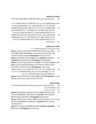 ‫מילולית‬ ‫הזרה‬ :3 ‫צלצול‬
3.1© The New Yorker Collection 2002 Mick Stevens from catoonbank.com.
'‫א'+ב‬ 3.2;‫זכאי‬ ‫גל‬ :‫דיירקטור‬ ‫ארט‬ ;‫עלית‬ :‫לקוח‬ ;Y&R ‫עמיחי‬ ‫אבנון‬ ‫שלמור‬ :‫פרסום‬ ‫משרד‬
.‫עמיחי‬‫גדעון‬:‫קריאייטיב‬‫מנכ"ל‬;‫לוי‬‫יורם‬:‫קריאייטיב‬‫מנהל‬;‫שיינברג‬‫יאיר‬:‫קופירייטר‬
3.3:‫לקוחות‬ ‫מנהל‬ ;Stella Artois :‫לקוח‬ ;Y&R ‫עמיחי‬ ‫אבנון‬ ‫שלמור‬ :‫פרסום‬ ‫משרד‬
:‫קריאייטיב‬‫מנהל‬;‫אביטל‬‫יניב‬:‫קופירייטר‬;‫ששון‬‫מירון‬:‫דיירקטור‬‫ארט‬;‫אבנון‬‫אדם‬
.‫עמיחי‬ ‫גדעון‬ :‫קריאייטיב‬ ‫מנכ"ל‬ ;‫גולן‬ ‫צור‬ :‫ראשי‬ ‫קריאייטיב‬ ‫מנהל‬ ;‫גל‬ ‫עמית‬
3.4:‫לקוחות‬ ‫מנהל‬ ;Stella Artois :‫לקוח‬ ;Y&R ‫עמיחי‬ ‫אבנון‬ ‫שלמור‬ :‫פרסום‬ ‫משרד‬
:‫קריאייטיב‬‫מנהל‬;‫אביטל‬‫יניב‬:‫קופירייטר‬;‫ששון‬‫מירון‬:‫דיירקטור‬‫ארט‬;‫אבנון‬‫אדם‬
.‫עמיחי‬ ‫גדעון‬ :‫קריאייטיב‬ ‫מנכ"ל‬ ;‫גולן‬ ‫צור‬ :‫ראשי‬ ‫קריאייטיב‬ ‫מנהל‬ ;‫גל‬ ‫עמית‬
3.6.ShutterStock
‫מוסיפה‬ ‫הזרה‬ :4 ‫צלצול‬
'‫א'+ב‬ 4.1.‫דיין‬ ‫דנה‬ :‫צילום‬ ;Junkyard7 ,‫אלימלך‬ ‫אוהד‬
4.2Agency: D'adda Lorenzini Vigorelli BBDO BLOB Creative Group, Milan,
Italy; Client: BMW; Art Directors: Stefano Rosselli, Vicky Gitto; CD:
Gianpietro Vigorelli, Stefano; Photographer: Pier Paolo Ferrari.
4.3Agency:JungvonMatt,Germany;Client:IlGusto;Artdirector:JuliaMeyran;
Copywriter: Alexandra Weczerek; Photographer: Michaela Rehn.
'‫א'+ב‬ 4.4Agency: Scholz & Friends Berlin GmbH; Client: Krass Optik; Creative
Team: Jan Leube, MatthiasSpaetgens, Eric Urmetzer, Stephan Ganser,
Florian Birkner, Michael Koeditz; Photographer: Peter Langer
4.5:‫דיירקטור‬ ‫ארט‬ ;‫מזון‬ ‫בנק‬ :‫לקוח‬ ;Y&R ‫עמיחי‬ ‫אבנון‬ ‫שלמור‬ :‫פרסום‬ ‫משרד‬
‫צור‬ ,‫טוויג‬ ‫יריב‬ :‫קריאייטיב‬ ‫מנהלי‬ ;‫פינצ'בסקי‬ ‫אביטל‬ :‫קופירייטר‬ ;‫בכר‬ ‫שירלי‬
.‫עמיחי‬ ‫גדעון‬ :‫קריאייטיב‬ ‫מנכ"ל‬ ;Cema Madoz :‫צילום‬ ;‫גולן‬
'‫א'+ב‬ 4.6Agency: Scholz & Friends Berlin GmbH; Client: NABU; Photographers:
Matthias kolb & Getty images Deutschland GmbH.
‫הקבלה‬ :5 ‫צלצול‬
5.1© The New Yorker Collection 2003 Sam Gross from catoonbank.com.
'‫א'+ב‬ 5.2.‫ליבק‬ ‫אלכס‬ :‫צילום‬
5.3.‫עמיחי‬ ‫גדעון‬ :‫איור‬
5.4Agency: Weiss, Whitten, Stagliano, New York; Client: Guinness import
company; Art Director: Todd Gallentime; Copywriter: Mark Mendelis;
CD: Marty WeissNet Whitten; Photographer: Nadav Kander.
'‫א'+ב‬ 5.5Agency: DDB Needham, Dallas; Client: Retina Foundation of the
Southwest; Art Director: Fred Huddleston; Copywriters: MarkCacciatore,
Pat Mendelsohn.
5.6Agency: lowe worldwide, UK; Client: RoyalBallet; ArtDirector, Copywriter,
CD: Ed Morris; Photographer: Charlie Crane.
 
