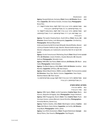 (( 219-218 ))
14.4.Shutterstock
14.5Agency: Young & Rubicam, Germany; Client: Erasco; Art Director: Bruno
Petz; Copywriter, CD: Helmut Schulte, Christian Daul; Photographer:
Bruno Petz.
14.6‫יריב‬ :‫דיירקטור‬ ‫ארט‬ ;Heinz :‫לקוח‬ ;Y&R ‫עמיחי‬ ‫אבנון‬ ‫שלמור‬ :‫פרסום‬ ‫משרד‬
.‫עמיחי‬ ‫גדעון‬ :‫קריאייטיב‬ ‫מנכ"ל‬ ;‫גולן‬ ‫צור‬ :‫קריאייטיב‬ ‫מנהל‬ ;‫טוויג‬
14.7‫טני‬ :‫דיירקטור‬ ‫ארט‬ ;Heinz :‫לקוח‬ ;Y&R ‫עמיחי‬ ‫אבנון‬ ‫שלמור‬ :‫פרסום‬ ‫משרד‬
:‫קריאייטיב‬ ‫מנכ"ל‬ ;‫לוי‬ ‫יורם‬ :‫קריאייטיב‬ ‫מנהל‬ ;‫ידידיה‬ ‫מתן‬ :‫קופירייטר‬ ;‫זיפר‬
.‫עמיחי‬ ‫גדעון‬
14.8Agency: The Jupiter Drawing Room, South Africa; Client: Durex; Art
Directors: Shane Forbes, Liam Wielopolski; Copywriter: Clint Bechus;
Photographer: Michael Meyersfeld.
14.9Under permission byV&SVin &Sprit AB (publ). Absolut®Vodka. Absolut
country of Sweden Vodka & Logo, Absolut, Absolut bottle design and
Absolut calligraphy are trademarks owned by V&S Vin & Spirit AB
(publ).
'‫ב‬+'‫א‬14.10Agency: Escala Comunicacao E Marketing, Brazil; Client: Blood Center
HPS; Art Directors: Lisiane Kindlein, Claudia Mainardi; CD: Eduardo
Axelrud; Photographer: Reinaldo Coser.
14.11Agency: DM9 DBB, Sao Paulo; Client: Valisere; Art Director, CD: Manir
Fadel; Photographer: Andre Andarde.
14.12Agency: The Martin Agency, USA; Client: SAAB; Art Director: Jonathan
Mackler; Copywriter: Jeff Ross; CD: Rob Schpiro.
'‫ג‬-'‫א‬14.13Agency: Abbott Mead Vickers/ BBDO, London; Client: The Economist;
Art Directors: Dave Dye, Martin Casson; Copywriters: Sean Doyle,
Matthew Abbott; CD: Peter Souter.
14.14‫צור‬:‫קריאייטיב‬‫מנהל‬;orange :‫לקוח‬;Y&R ‫עמיחי‬‫אבנון‬‫שלמור‬:‫פרסום‬‫משרד‬
.‫עמיחי‬ ‫גדעון‬ :‫קריאייטיב‬ ‫מנכ"ל‬ ;‫גולן‬
‫סיפורית‬ ‫השלמה‬ :15 ‫צלצול‬
15.1.‫מנלה‬ ‫נעם‬ :‫צילום‬
15.2.‫עמיחי‬ ‫גדעון‬ :‫איור‬
15.3Agency: DDB, Spain; Client: Loctite Superglue; Creative Team: Mario
Gascon, Alejandro Arriagada, Xavi; Photographer: Fergus Stothard.
15.4Agency: DNA Propaganda, Brazil; Client: Fiat; Creative Team: Paulo
Henrique Gomes, Juliana Werneck ,Daniel Bronfen; Photographers:
Fernando Martins, Daniel Cury.
15.5Agency: Publicis Seattle, USA; Client: Washington Lottery; Creative
Team: Bob Moore, Kevin Kehoe; Copywriter: Joe Gerlitz; Art Director:
Greg Wyatt; Photographer: Giblin, James.
15.6Agency: Euro RSCG Amsterdam; Client: Peugeot Nederland; Concept:
Marijn Peters, Stan Severin; Photographer: Paul Ruigrok.
 