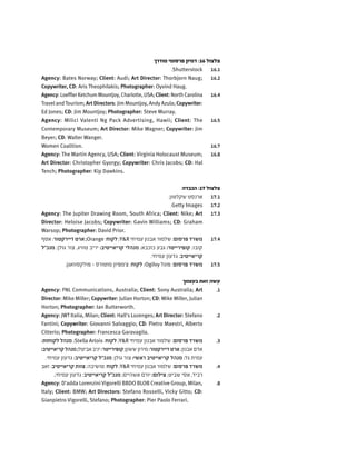 ‫מודרך‬ ‫פרסומי‬ ‫דמיון‬ :16 ‫צלצול‬
16.1.Shutterstock
16.2Agency: Bates Norway; Client: Audi; Art Director: Thorbjorn Naug;
Copywriter, CD: Aris Theophilakis; Photographer: Oyvind Haug.
16.4Agency:LoefflerKetchumMountjoy,Charlotte,USA;Client:NorthCarolina
Travel andTourism; Art Directors: Jim Mountjoy, Andy Azula; Copywriter:
Ed Jones; CD: Jim Mountjoy; Photographer: Steve Murray.
16.5Agency: Milici Valenti Ng Pack Advertising, Hawii; Client: The
Contemporary Museum; Art Director: Mike Wagner; Copywriter: Jim
Beyer; CD: Walter Wanger.
16.7Women Coalition.
16.8Agency: The Martin Agency, USA; Client: Virginia Holocaust Museum;
Art Director: Christopher Gyorgy; Copywriter: Chris Jacobs; CD: Hal
Tench; Photographer: Kip Dawkins.
‫הכבדה‬ :17 ‫צלצול‬
17.1.‫שקלטון‬ ‫ארנסט‬
17.2.Getty Images
17.3Agency: The Jupiter Drawing Room, South Africa; Client: Nike; Art
Director: Heloise Jacobs; Copywriter: Gavin Williams; CD: Graham
Warsop; Photographer: David Prior.
17.4‫אסף‬ :‫דיירקטור‬ ‫ארט‬ ;Orange :‫לקוח‬ ;Y&R ‫עמיחי‬ ‫אבנון‬ ‫שלמור‬ :‫פרסום‬ ‫משרד‬
‫מנכ"ל‬ ;‫גולן‬ ‫צור‬ ,‫טוויג‬ ‫יריב‬ :‫קריאייטיב‬ ‫מנהלי‬ ;‫כוכבא‬ ‫גבע‬ :‫קופירייטר‬ ;‫קובו‬
.‫עמיחי‬ ‫גדעון‬ :‫קריאייטיב‬
17.5.‫פולקסוואגן‬ - ‫מוטורס‬ ‫צ'מפיון‬ :‫לקוח‬ ;Ogilvy ‫פוגל‬ :‫פרסום‬ ‫משרד‬
‫בעצמך‬ ‫זאת‬ ‫עשה‬
.1Agency: FNL Communications, Australia; Client: Sony Australia; Art
Director: Mike Miller; Copywriter: Julian Horton; CD: Mike Miller, Julian
Horton; Photographer: Ian Butterworth.
.2Agency: JWT Italia, Milan; Client: Hall's Lozenges; Art Director: Stefano
Fantini; Copywriter: Giovanni Salvaggio; CD: Pietro Maestri, Alberto
Citterio; Photographer: Francesca Garavagila.
.3:‫לקוחות‬ ‫מנהל‬ ;Stella Artois :‫לקוח‬ ;Y&R ‫עמיחי‬ ‫אבנון‬ ‫שלמור‬ :‫פרסום‬ ‫משרד‬
:‫קריאייטיב‬‫מנהל‬;‫אביטל‬‫יניב‬:‫קופירייטר‬;‫ששון‬‫מירון‬:‫דיירקטור‬‫ארט‬;‫אבנון‬‫אדם‬
.‫עמיחי‬ ‫גדעון‬ :‫קריאייטיב‬ ‫מנכ"ל‬ ;‫גולן‬ ‫צור‬ :‫ראשי‬ ‫קריאייטיב‬ ‫מנהל‬ ;‫גל‬ ‫עמית‬
.4‫זאב‬ :‫קריאייטיב‬ ‫צוות‬ ;‫טושיבה‬ :‫לקוח‬ ;Y&R ‫עמיחי‬ ‫אבנון‬ ‫שלמור‬ :‫פרסום‬ ‫משרד‬
.‫עמיחי‬ ‫גדעון‬ :‫קריאייטיב‬ ‫מנכ"ל‬ ;‫אשהיים‬ ‫יורם‬ :‫צילום‬ ;‫שביט‬ ‫אסי‬ ,‫רביד‬
.8Agency: D'adda Lorenzini Vigorelli BBDO BLOB Creative Group, Milan,
Italy; Client: BMW; Art Directors: Stefano Rosselli, Vicky Gitto; CD:
Gianpietro Vigorelli, Stefano; Photographer: Pier Paolo Ferrari.
 