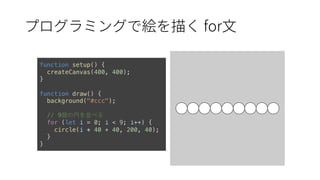for
function setup() {
createCanvas(400, 400);
}
function draw() {
background("#ccc");
// 9個の円を並べる
for (let i = 0; i < 9; i++) {
circle(i * 40 + 40, 200, 40);
}
}
 