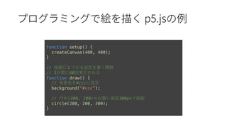 p5.js
function setup() {
createCanvas(400, 400);
}
// 描画にまつわる設定を書く関数
// 1秒間に60回実⾏される
function draw() {
// 背景⾊を#cccに設定
background("#ccc");
// 円を(200, 200)の位置に直径300pxで描画
circle(200, 200, 300);
}
 