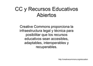 CC y R
     Recursos Ed
              Educativos
                   ti
        Abiertos

 Creative Commons proporciona la
 infraestructura legal y técnica para
   f
      posibilitar que los recursos
     educativos sean accesibles,
     adaptables, interoperables y
        p         ,      p
             recuperables.


                          http://creativecommons.org/education
                          htt //     ti             / d   ti
 