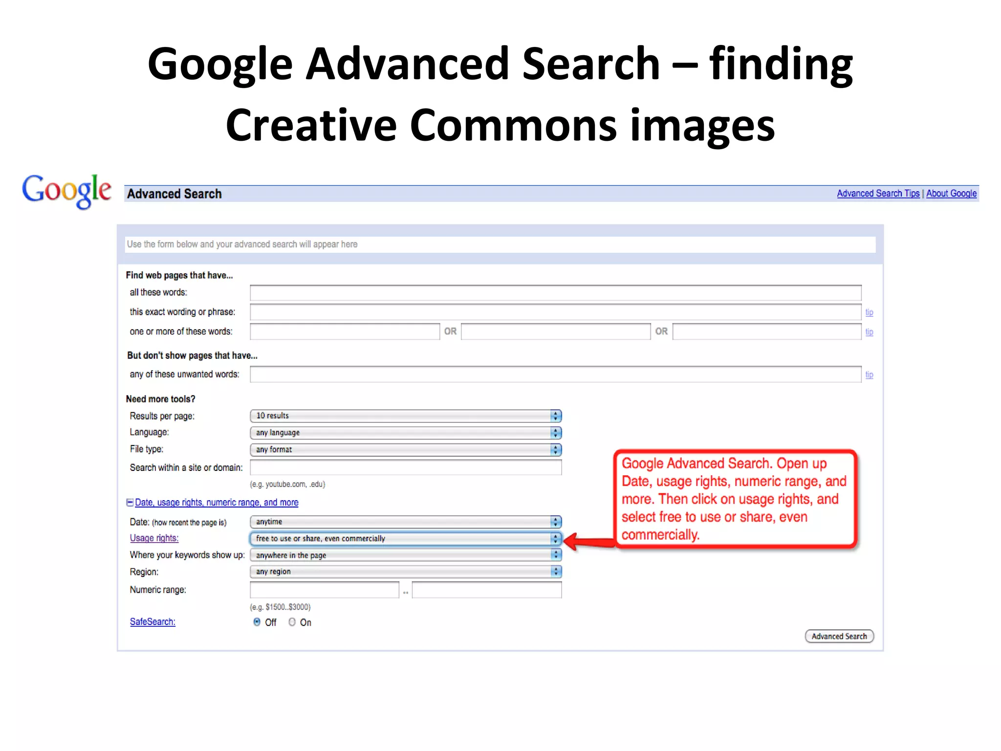 Google Advanced Search – finding Creative Commons images 