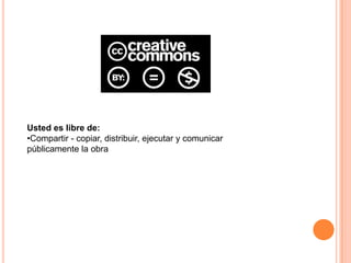 Usted es libre de:Compartir - copiar, distribuir, ejecutar y comunicar públicamente la obraSímbolos relacionados concreativecommons