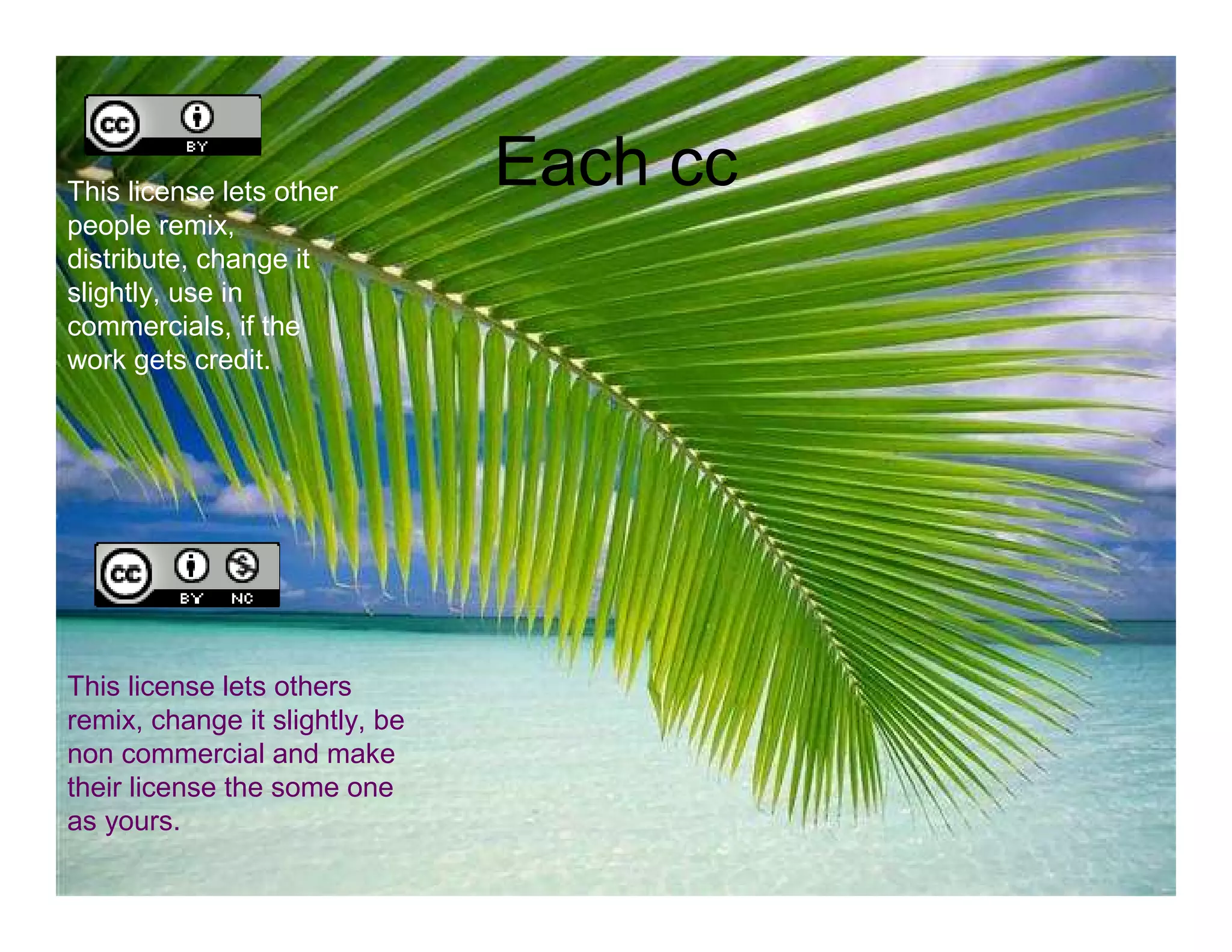This license lets other
                                Each cc
people remix,
distribute, change it
slightly, use in
commercials, if the
work gets credit.




This license lets others
remix, change it slightly, be
non commercial and make
their license the some one
as yours.
 