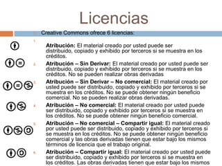 Licencias
    Creative Commons ofrece 6 licencias:
1.
      Atribución: El material creado por usted puede ser
      distribuido, copiado y exhibido por terceros si se muestra en los
      créditos.
2.    Atribución – Sin Derivar: El material creado por usted puede ser
      distribuido, copiado y exhibido por terceros si se muestra en los
      créditos. No se pueden realizar obras derivadas
3.    Atribución – Sin Derivar – No comercial: El material creado por
      usted puede ser distribuido, copiado y exhibido por terceros si se
      muestra en los créditos. No se puede obtener ningún beneficio
      comercial. No se pueden realizar obras derivadas.
4.    Atribución – No comercial: El material creado por usted puede
      ser distribuido, copiado y exhibido por terceros si se muestra en
      los créditos. No se puede obtener ningún beneficio comercial.
5.    Atribución – No comercial – Compartir igual: El material creado
      por usted puede ser distribuido, copiado y exhibido por terceros si
      se muestra en los créditos. No se puede obtener ningún beneficio
      comercial y las obras derivadas tienen que estar bajo los mismos
      términos de licencia que el trabajo original.
6.    Atribución – Compartir igual: El material creado por usted puede
      ser distribuido, copiado y exhibido por terceros si se muestra en
      los créditos. Las obras derivadas tienen que estar bajo los mismos
 