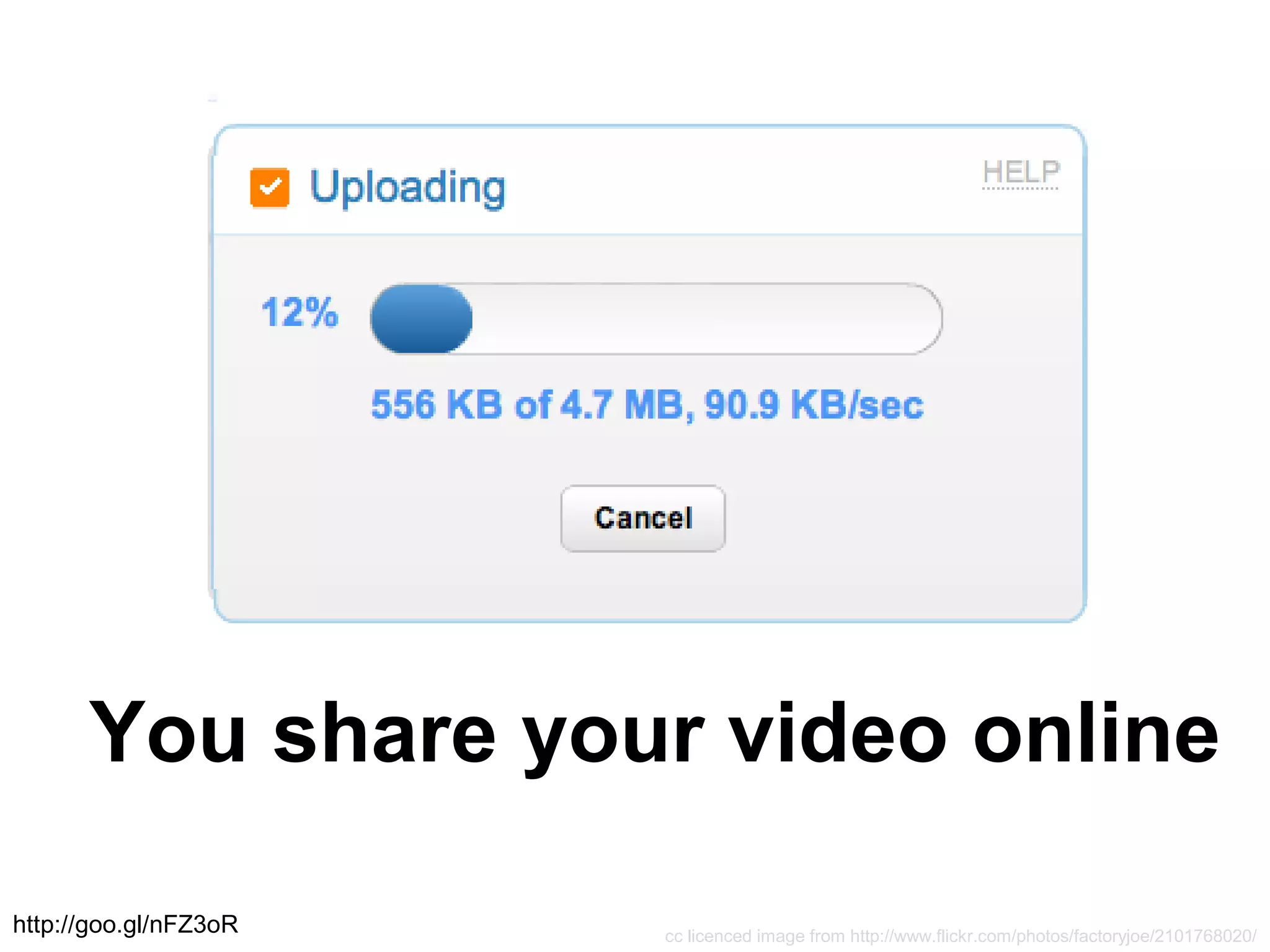 cc licenced image from http://www.flickr.com/photos/factoryjoe/2101768020/
You share your video online
http://goo.gl/nFZ3oR
 
