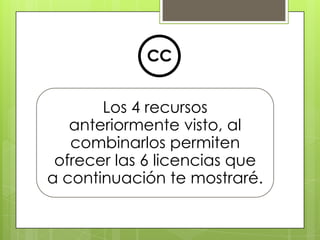 Los 4 recursos
anteriormente visto, al
combinarlos permiten
ofrecer las 6 licencias que
a continuación te mostraré.
CC
 