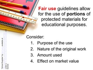 Fair use guidelines allow
for the use of portions of
protected materials for
educational purposes.
“SchoolSupplies”byMyTudutavailableat
http://www.flickr.com/photos/mytudut/5183267783
underaCCAttribution-NonCommercial-ShareAlike2.0
license
Consider:
1. Purpose of the use
2. Nature of the original work
3. Amount used
4. Effect on market value
 