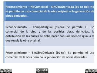 Reconocimiento – NoComercial – SinObraDerivada (by-nc-nd): No
se permite un uso comercial de la obra original ni la generación de
obras derivadas.
Reconocimiento – CompartirIgual (by-sa): Se permite el uso
comercial de la obra y de las posibles obras derivadas, la
distribución de las cuales se debe hacer con una licencia igual a la
que regula la obra original.
Reconocimiento – SinObraDerivada (by-nd): Se permite el uso
comercial de la obra pero no la generación de obras derivadas.
 