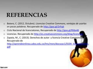 REFERENCIAS 
o Botero, C. (2012, Octubre). Licencias Creative Commons, ventajas de usarlas 
en pocas palabras. Recuperado de http://goo.gl/2rFqit 
o Ciclo Nacional de licenciatones, Recuperado de http://goo.gl/RS6x4K 
o Licencias. Recuperado de http://es.creativecommons.org/blog/licencias/ 
o Zapata, M., C. (2013). Derechos de autor y licencia Creative Commons. 
Recuperado de 
http://aprendeenlinea.udea.edu.co/lms/men/docsoac1/0104_licenciamiento. 
pdf 
 