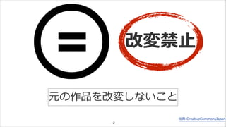 出典:CreativeCommonsJapan 
12 
改変禁⽌止 
元の作品を改変しないこと 
 