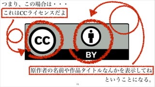 15 
つまり、この場合は・・・ 
これはCCライセンスだよ 
原作者の名前や作品タイトルなんかを表示してね 
ということになる。 
 