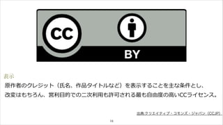 表示 
原作者のクレジット（⽒氏名、作品タイトルなど）を表⽰示することを主な条件とし、 
改変はもちろん、営利利⽬目的での⼆二次利利⽤用も許可される最も⾃自由度度の⾼高いCCライセンス。 
16 
出典:クリエイティブ・コモンズ・ジャパン（CCJP） 
 