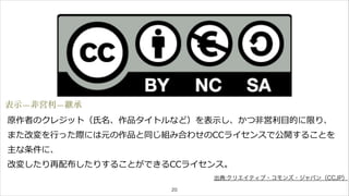 表示—非営利—継承 
原作者のクレジット（⽒氏名、作品タイトルなど）を表⽰示し、かつ⾮非営利利⽬目的に限り、 
また改変を⾏行行った際には元の作品と同じ組み合わせのCCライセンスで公開することを 
主な条件に、 
改変したり再配布したりすることができるCCライセンス。 
20 
出典:クリエイティブ・コモンズ・ジャパン（CCJP） 
 