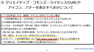 ③ クリエイティブ・コモンズ・ライセンスのURLや 
ⅰ）元の作品にＳＡ（継承）アイコンが付いていない場合 
⼆二次的著作物には、元の作品についているライセンスよりも同じか、 
より制限を課す条件でのライセンスを付けることができます。 
たとえば、元の作品が「BY-‐‑‒NC（表⽰示-‐‑‒⾮非営利利）ライセンス」の下で公開されていた場合、 
その作品を改変した⼆二次的著作物に 
「BY-‐‑‒NC-‐‑‒SA（表⽰示-‐‑‒⾮非営利利-‐‑‒継承）ライセンス」を付けることはできますが、 
「BY（表⽰示）ライセンス」を付けることはできません。 
したがって、⼆二次的著作物についてAll rights reservedとすることも可能です 
（その場合は、⒜の事項を掲載する必要はありません）。 
出典:CreativeCommonsJapan 
アイコン、バナーを表⽰示すべきかについて 
33 
 