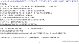 インターネット上以外の作品にクリエイティブ・コモンズ・ライセンスを付けることはできますか？ 
できます。 
クリエイティブ・コモンズ・ライセンスは、全ての著作物を対象としておりますので、 
インターネット上で発信される著作物に限らず 
クリエイティブ・コモンズ・ライセンスを付けることは可能です。 
オンラインの作品にクリエイティブ・コモンズ・ライセンスを付ける場合と 
オフラインの作品に付ける場合の唯⼀一の違いは、 
オフラインの場合はメタデータが含まれないために、 
結果としてサーチエンジンからの検索索ができないということです。 
インターネット上以外の作品については、 
次のいずれかの⽅方法でライセンスを表⽰示してください。 
! 
①例例・「本作品はCC-‐‑‒BYライセンスによって許諾諾されています。 
ライセンスの内容を知りたい⽅方は 
http://creativecommons.org/licenses/by/2.1/jp/でご確認ください。」といった記載をする。 
! 
②該当するライセンスのバナーやアイコンの画像を掲載し、①と同様の⽂文章を記載する。 
出典:CreativeCommonsJapan 
37 
 