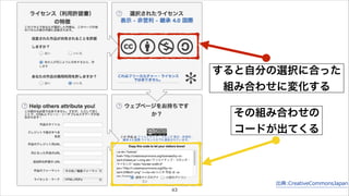 出典:CreativeCommonsJapan 
43 
すると自分の選択に合った 
組み合わせに変化する 
その組み合わせの 
コードが出てくる 
 