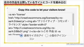 出典:CreativeCommonsJapan 
自分の作品を公開しているサイトにコードを組み込む 
44 
 