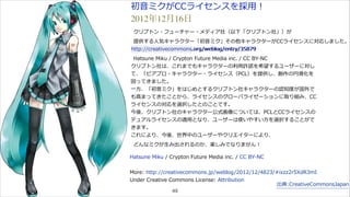 初⾳音ミクがCCライセンスを採⽤用！ 
2012年12月16日 
クリプトン・フューチャー・メディア社（以下「クリプトン社」）が 
提供する⼈人気キャラクター「初⾳音ミク」その他キャラクターがCCライセンスに対応しました。 
http://creativecommons.org/weblog/entry/35879 
Hatsune Miku / Crypton Future Media inc. / CC BY-‐‑‒NC 
クリプトン社は、これまでもキャラクターの利利⽤用許諾諾を希望するユーザーに対し 
て、「ピアプロ・キャラクター・ライセンス（PCL）を提供し、創作の円滑滑化を 
図ってきました。 
⼀一⽅方、「初⾳音ミク」をはじめとするクリプトン社キャラクターの認知度度が国外で 
も⾼高まってきたことから、ライセンスのグローバライゼーションに取り組み、CC 
ライセンスの対応を選択したとのことです。 
今後、クリプトン社のキャラクター公式画像については、PCLとCCライセンスの 
デュアルライセンスの適⽤用となり、ユーザーは使いやすい⽅方を選択することがで 
きます。 
これにより、今後、世界中のユーザーやクリエイターにより、 
どんなミクが⽣生み出されるのか、楽しみでなりません！ 
Hatsune Miku / Crypton Future Media inc. / CC BY-‐‑‒NC 
! 
More: http://creativecommons.jp/weblog/2012/12/4823/#ixzz2r5XdR3mI 
Under Creative Commons License: Attribution 
49 
出典:CreativeCommonsJapan 
 