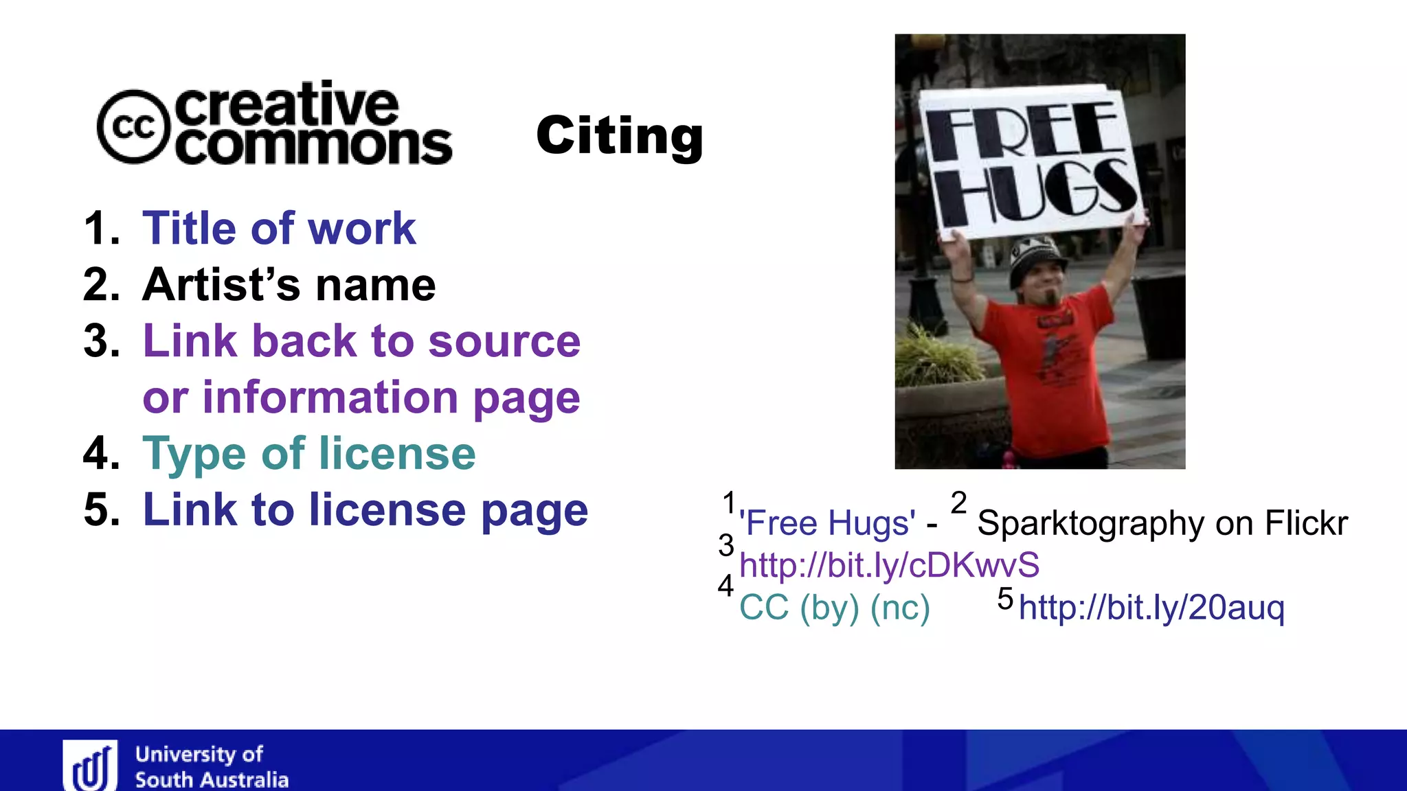 Citing
1. Title of work
2. Artist’s name
3. Link back to source
or information page
4. Type of license
5. Link to license page 'Free Hugs' - Sparktography on Flickr
http://bit.ly/cDKwvS
CC (by) (nc) http://bit.ly/20auq
1 2
3
4 5
 
