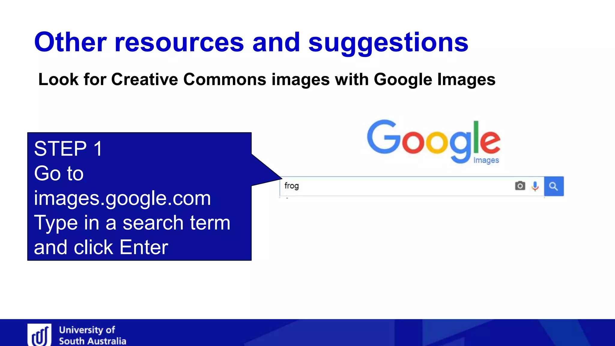 Other resources and suggestions
Look for Creative Commons images with Google Images
STEP 1
Go to
images.google.com
Type in a search term
and click Enter
 