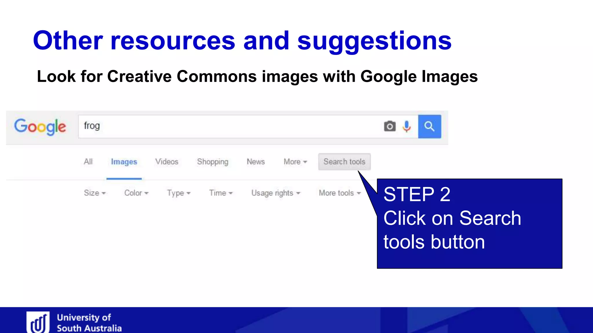 Other resources and suggestions
Look for Creative Commons images with Google Images
STEP 2
Click on Search
tools button
 
