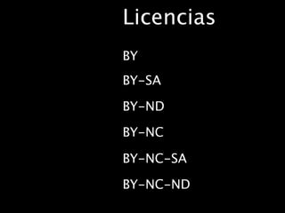 Licencias
BY
BY-SA

BY-ND

BY-NC

BY-NC-SA

BY-NC-ND
 