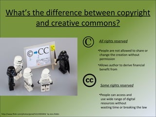 What’s the difference between copyright
and creative commons?
All rights reserved
•People are not allowed to share or
change the creation without
permission
•Allows author to derive financial
benefit from

Some rights reserved
•People can access and
use wide range of digital
resources without
wasting time or breaking the law
http://www.flickr.com/photos/jprod/5212303303/ by Jens Ridén

 