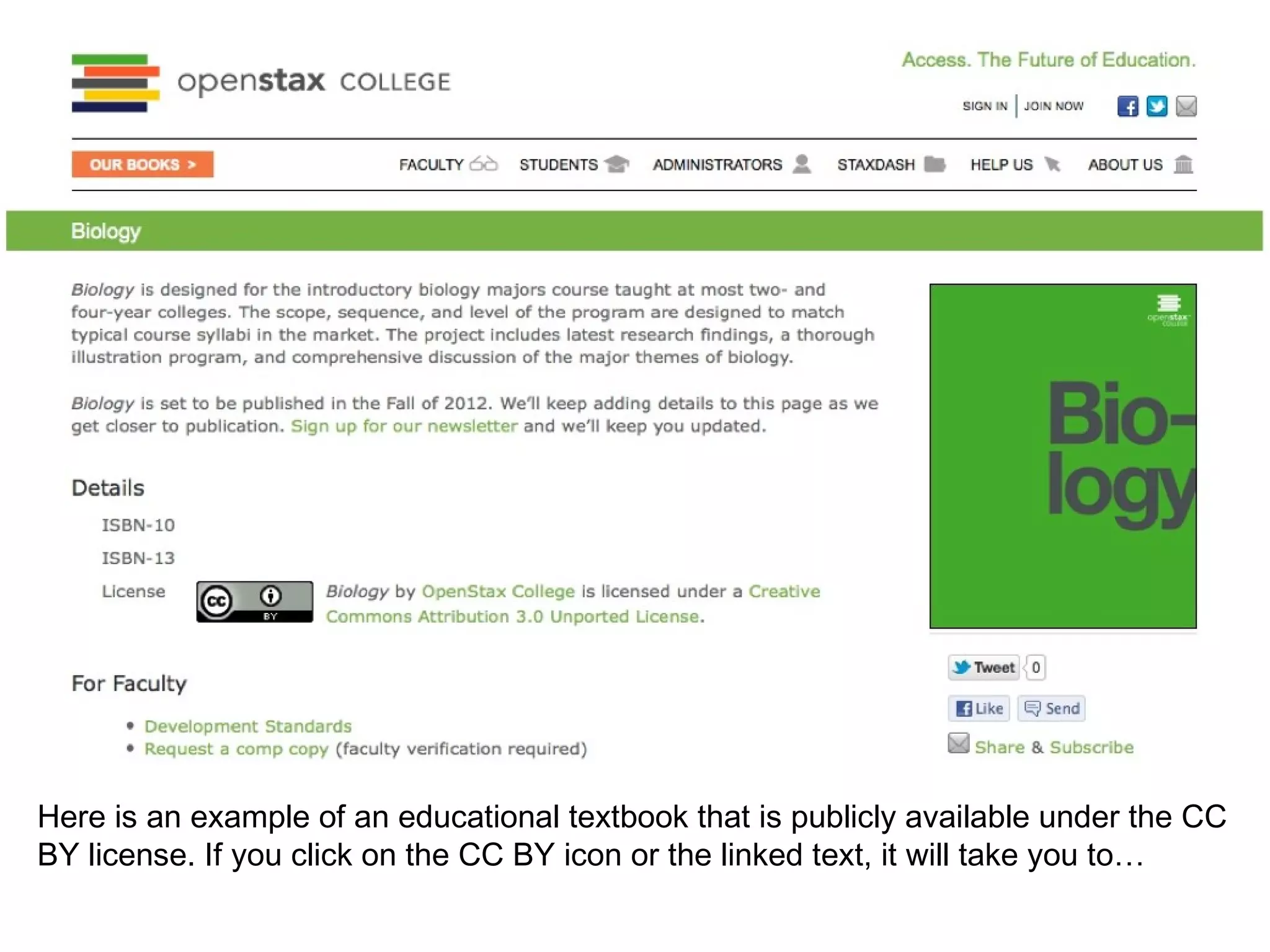 Here is an example of an educational textbook that is publicly available under the CC
BY license. If you click on the CC BY icon or the linked text, it will take you to…
 